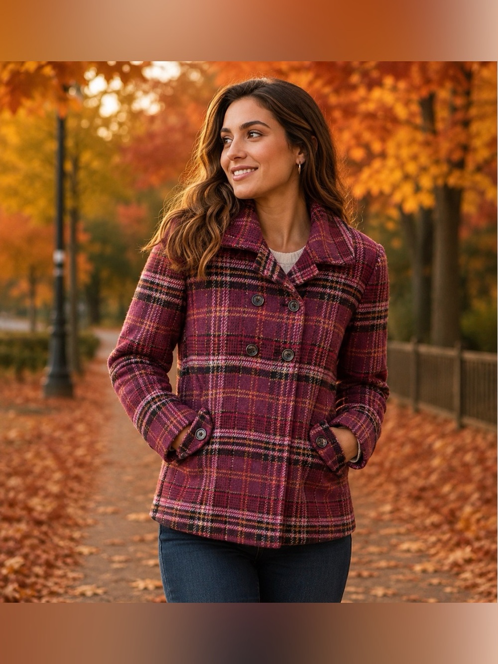 Covington Purple Plaid Peacoat Wool Blend Jacket Size Large Y2K EUC